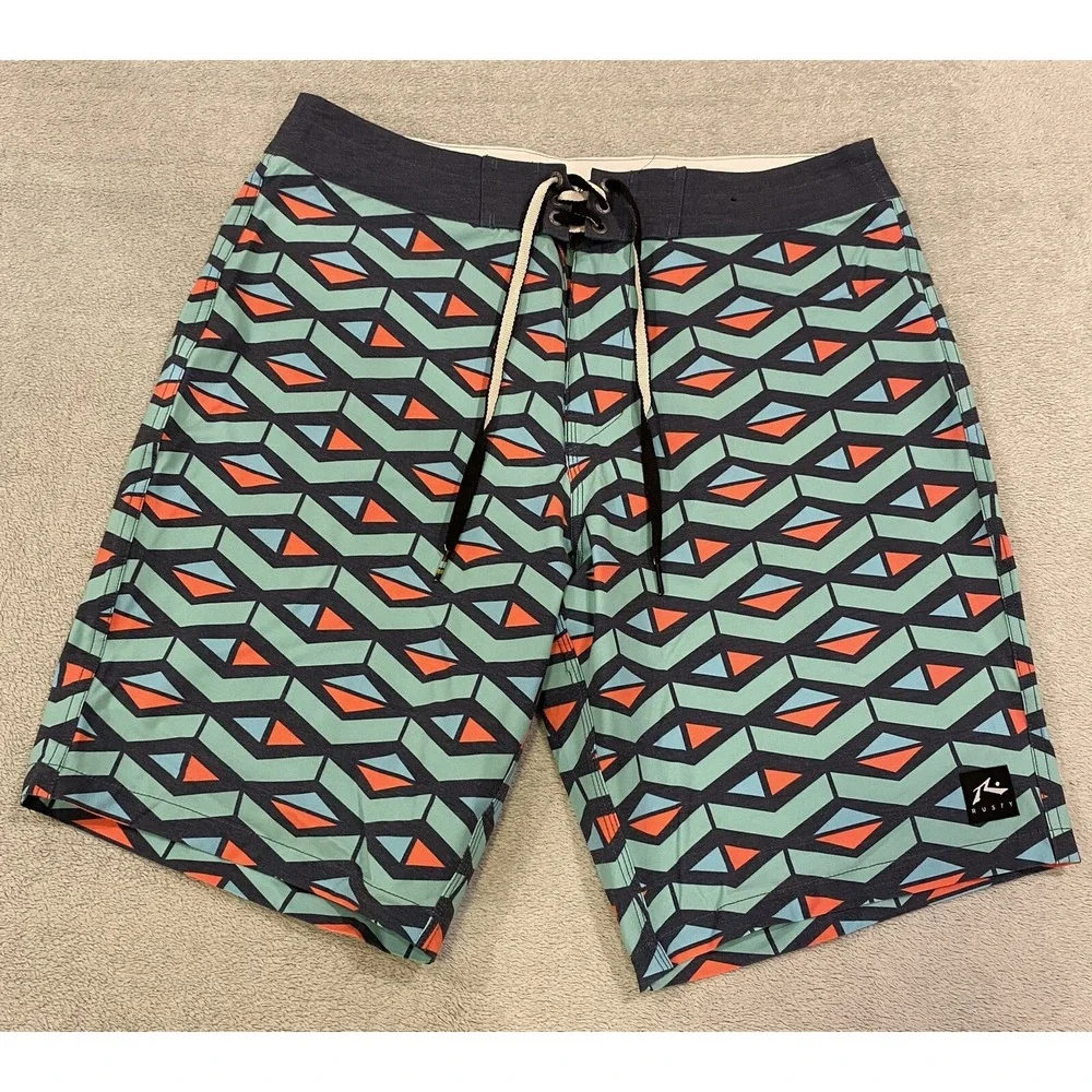 Rusty's Board Shorts Swim Trunks Blue Red Green Geometric Print Mens Size 31